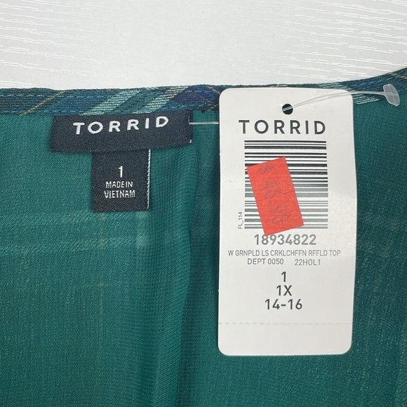 NWT Torrid Chiffon Ruffled Surplice V-Neck Faux Wrap Peplum Crop Blouse Green 1X - Picture 8 of 11